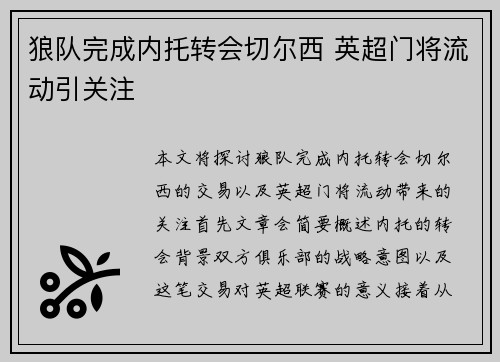 狼队完成内托转会切尔西 英超门将流动引关注