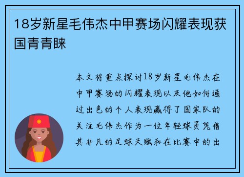 18岁新星毛伟杰中甲赛场闪耀表现获国青青睐